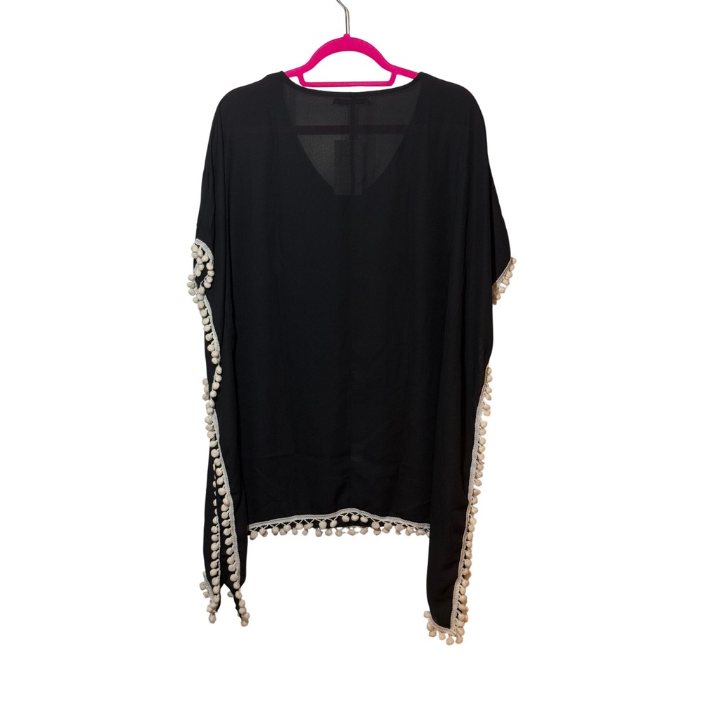 Adreamly Black Pom Pom Trim Kaftan V-Neck Beach Swim Cover Up New - Picture 2 of 8